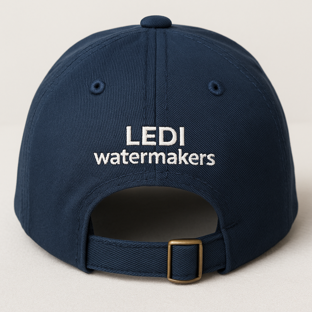 Navy blue cap with 'LEDI watermakers' text on a light gray background
