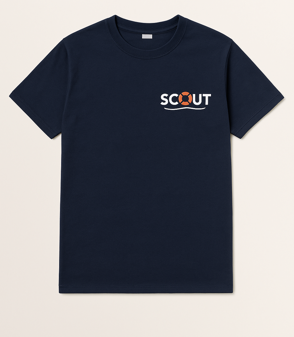 Navy blue t-shirt with 'SCOUT' logo on a beige background