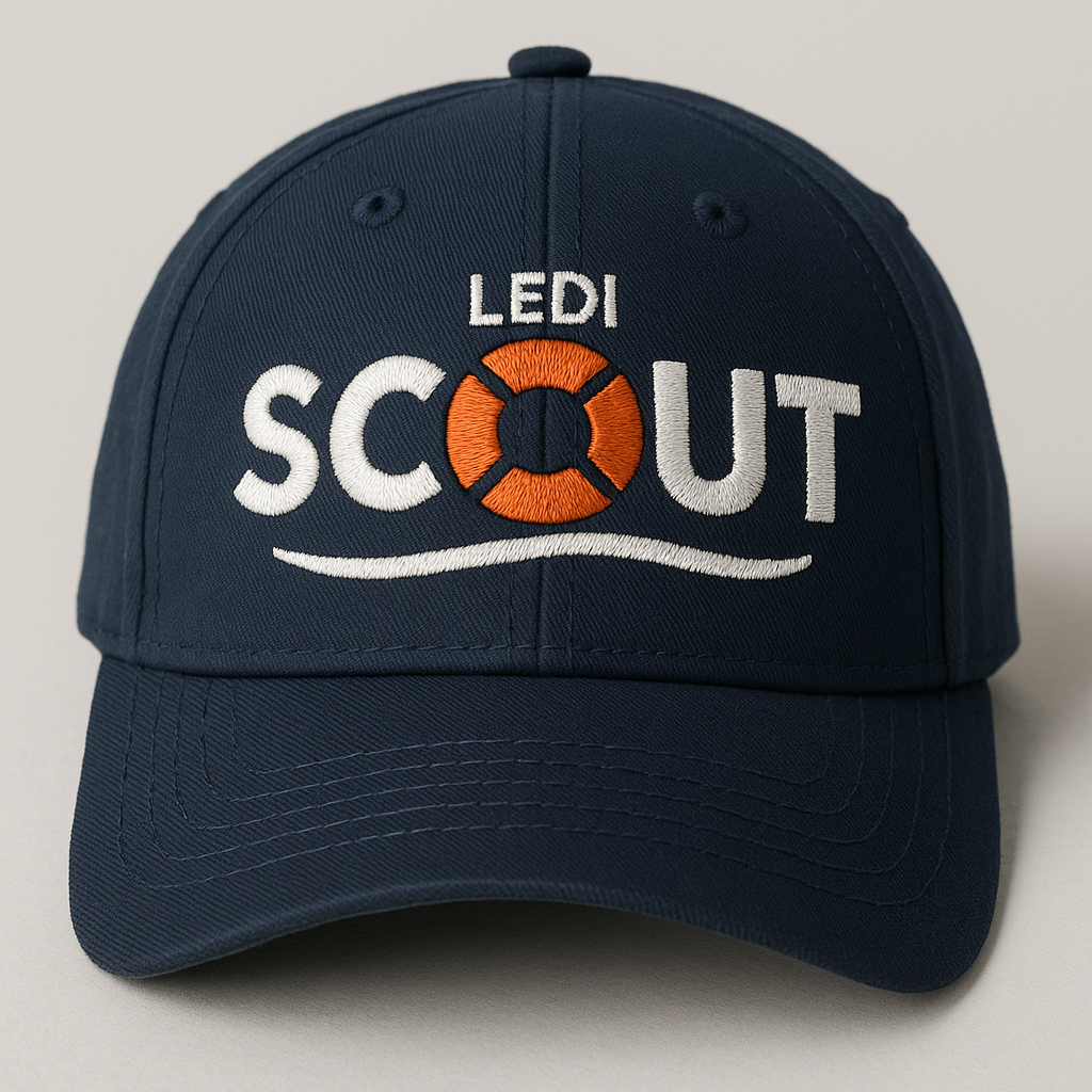 Navy blue cap with 'LEDI SCOUT' logo on a light gray background