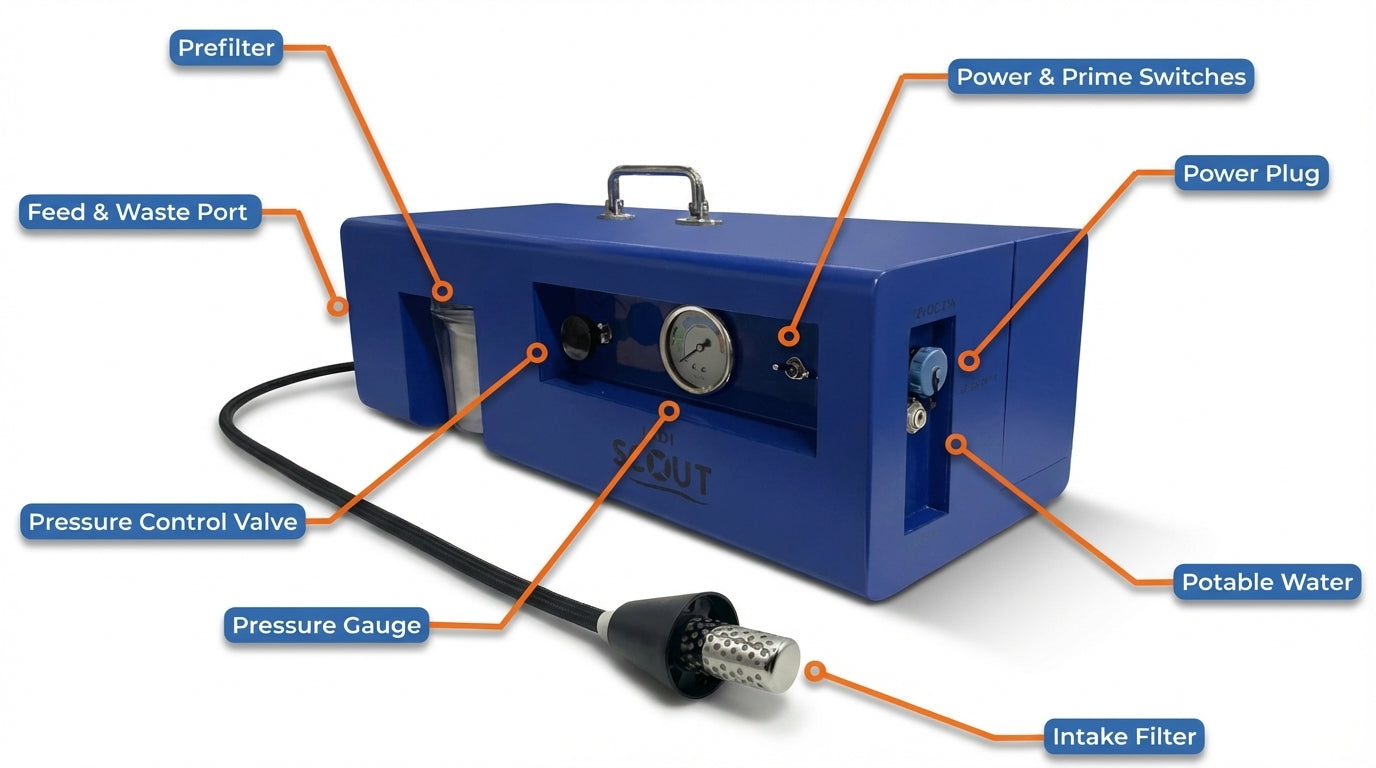 Blue machine with labeled parts on a white background