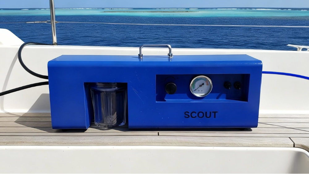 Blue device labeled 'SCOUT' on a boat with ocean view